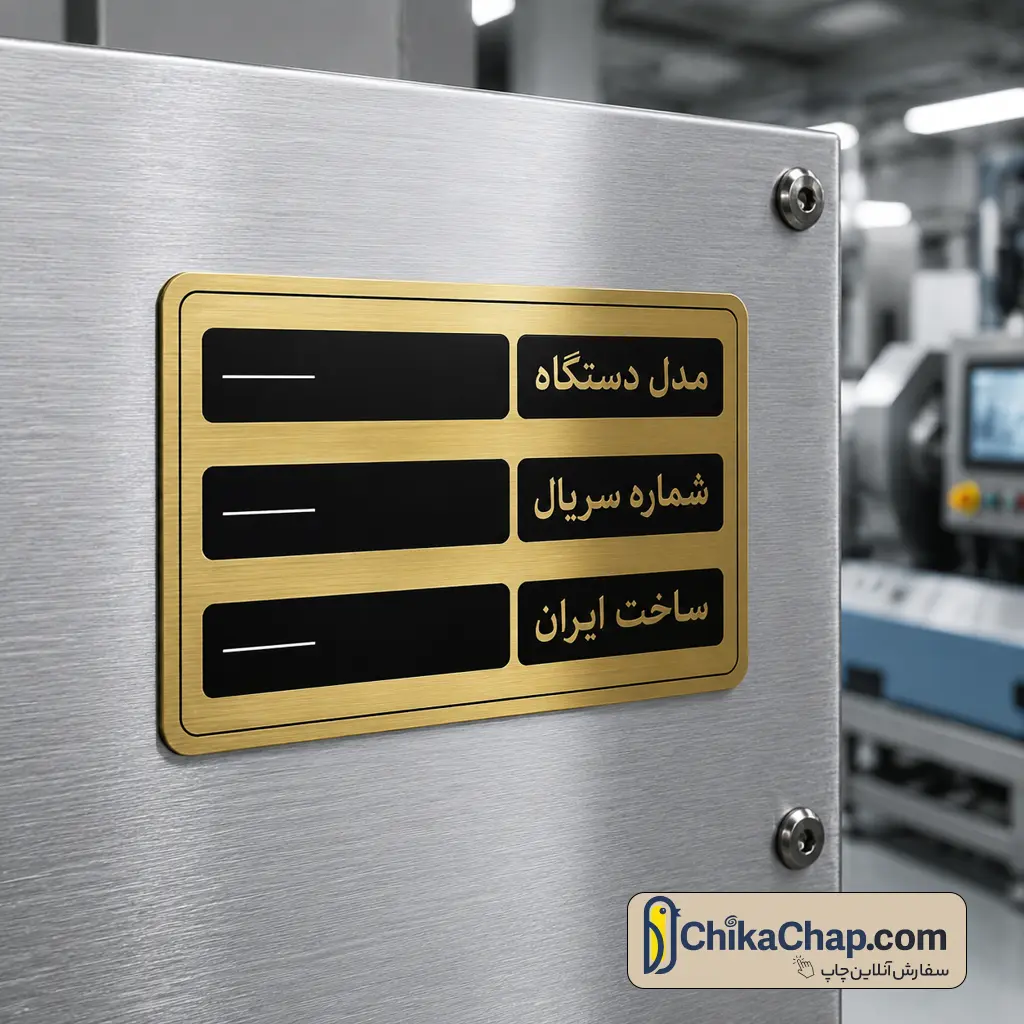 چاپ لیبل مشخصات فنی دستگاه با برچسب فلزی طلایی مقاوم و نوشته فارسی